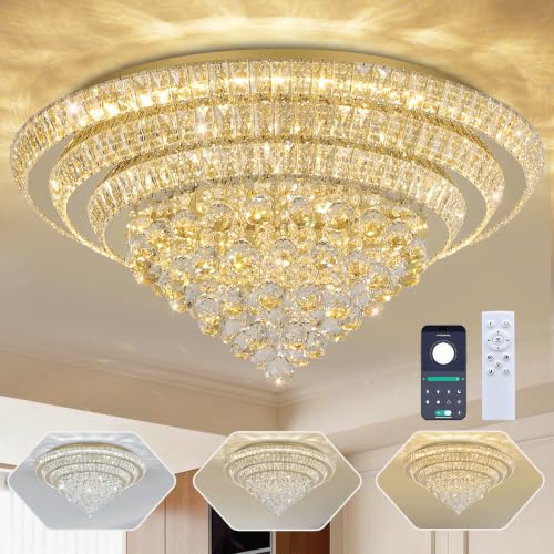 30" Gold Crystal Flush Mount Chandelier Modern LED Ceiling Light Fixture