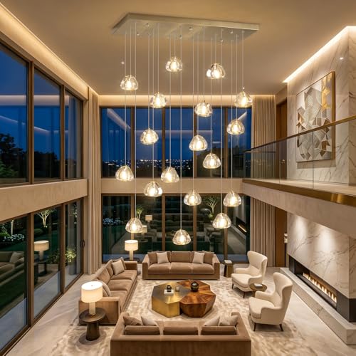 W35 x D11.8 x H118 Rectangular Chandelier Bubble Crystal Balls Glam Chandeliers Dimmable Light High Ceiling Pendants Light Fixtures Adjustable Long Lights Brushed Nickel
