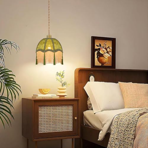 Boho Plug in Pendant Light Rustic Hanging Lights with Plug in Cord & Flower Lampshade (Green-tassels / 11.3)
