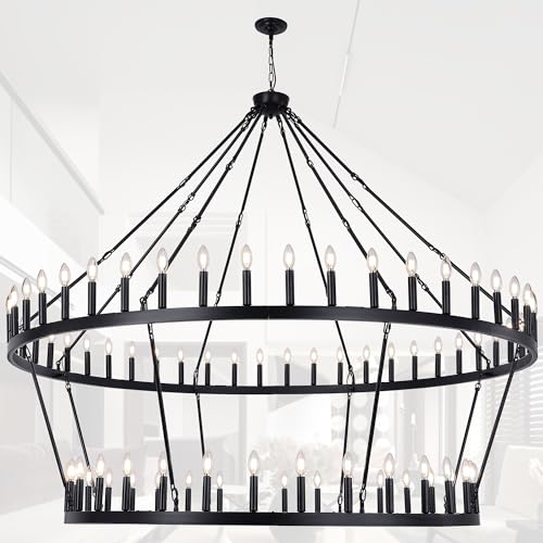 Rustic Farmhouse Black Wagon Wheel Chandelier Large Chandeliers for High Ceilings 2 Tier 80Lights 78.7 Inch for Dining Room Living Room Foyer Porch Kitchen Island
