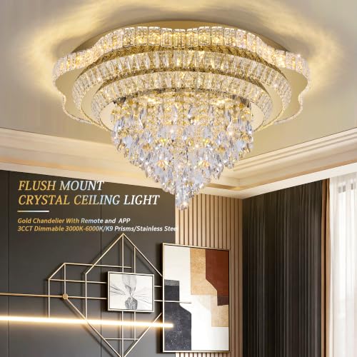 30" Gold Crystal Flush Mount Chandelier Modern LED Ceiling Light Fixture