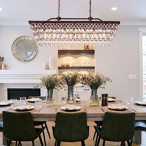 Dining Room Crystal Chandelier 40 Inch Antique Bronze Rectangle Chandeliers 7 Lights Farmhouse Hanging Ceiling Large Light Fixtures for Kitchen Island