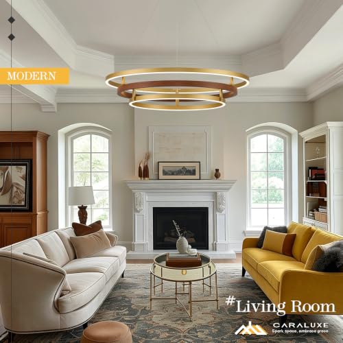 3 Ring LED Chandelier Modern Chandeliers Red Walnut Wood Gold Dimmable 31''
