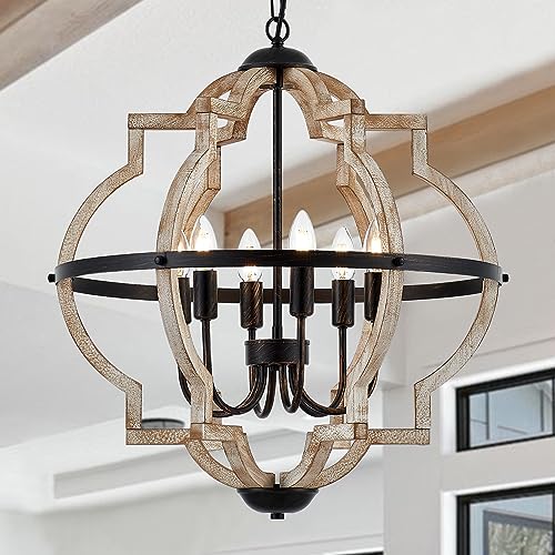 6 Light Farmhouse Chandelier for Dining Room Wood Pendant Lighting