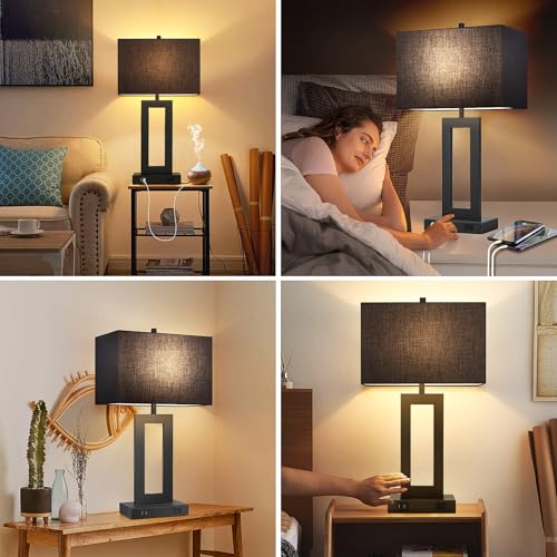 28" Black Modern Table Lamp Set of 2 with 2 USB Ports&AC Outlet (2 Count)