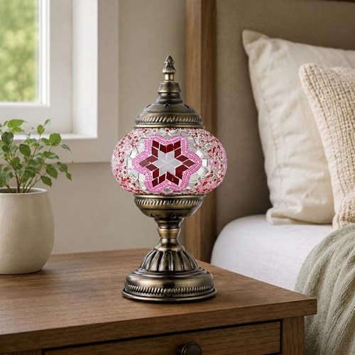 Turkish Moroccan Table Lamp Lantern with Handmade Mosaic Glass Lampshade Tiffany Style Bohemian Stained Glass Decorative Desk Lamps Bedside Night Lights for Bedroom