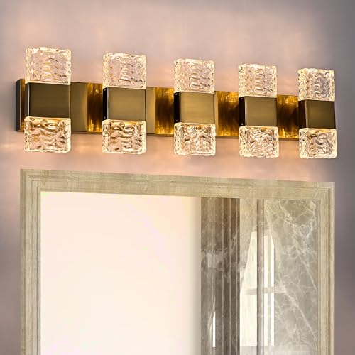 5 Lights Brass Crystal Vanity Light Bar LED Bathroom Lights 30.3 in