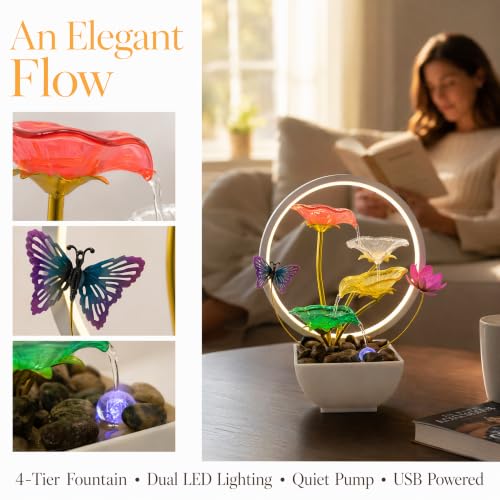 Tabletop Fountain Acrylic Lotus Indoor Fountain Water Feature for Zen Home Office Fengshui Decor Warm Light