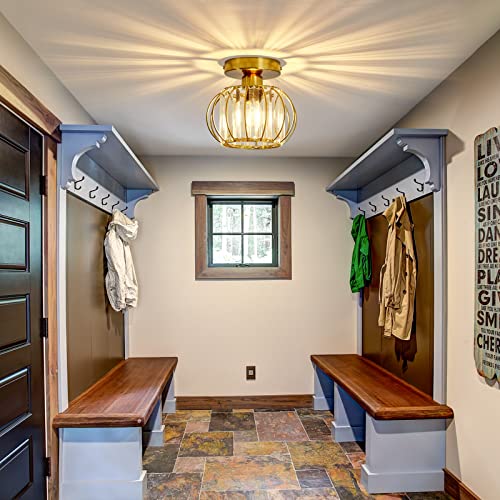 Crystal Semi Flush Mount Ceiling Light Fixture E26 Mini Antique Gold Chandelier Small Ceiling Lamp for Entryway Bedroom Bathroom Hallway Closet Foyer