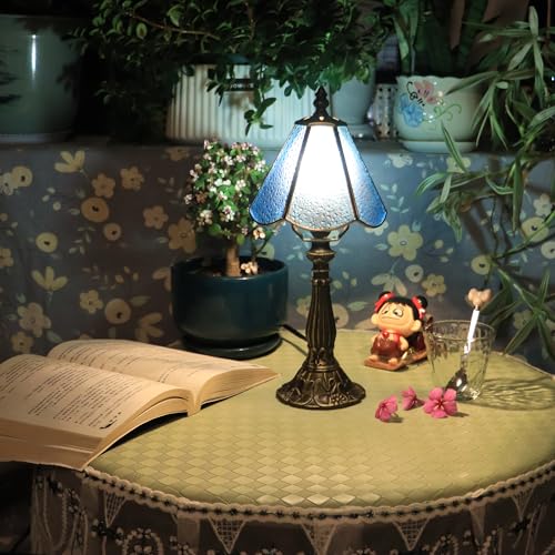 Tiffany Style Table Lamp Sea Blue Diamond Stained Glass Lamp 14 Inch