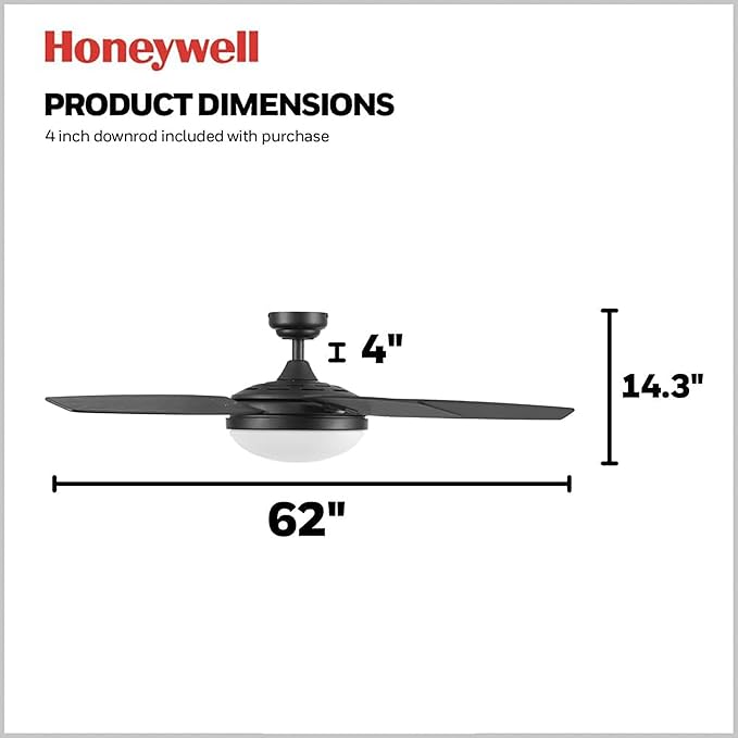 Honeywell Ceiling Fans Carmel, 48 Inch Contemporary Indoor LED Ceiling Fan with Light, Remote Control, Dual Mounting Options, Dual Finish Blades, Reversible Motor - 51912-01 (Black)