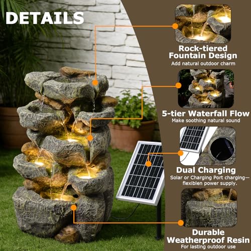 5 Tiered Solar Water Fountain Outdoor Garden with LED Lights