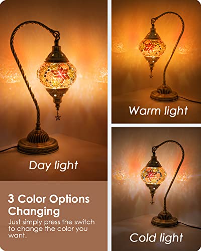 Turkish Moroccan Lamp with Bronze Base 3 Color Options Handmade Swan Neck Mosaic Glass Bedside Lamps for Bedroom