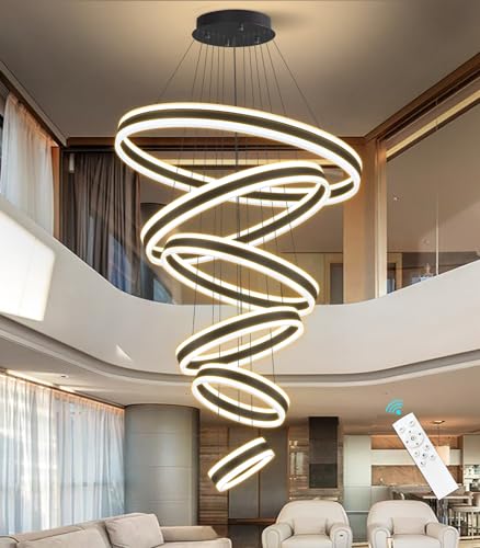 6 Rings Modern LED Chandeliers Large High Ceiling Chandelier for Foyer Black Dimmable Long Handing Lighting Fixture for Living Room Entryway Villa Staircase 3000K