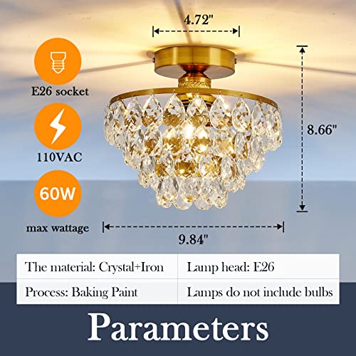 Modern E26 Small Crystal Chandelier Semi Flush Mount Ceiling Light Fixture Gold Ceiling Lamp for Hallway Bedroom Bathroom Closet Bedroom Foyer