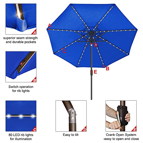 USA 10-Year-Non-Fading 9ft Market Patio Umbrella, Commercial Grade Table Sun Umbrella with 80 Solar LED Lights, Crank Open, Windproof & UPF 50+ UV Protection for Garden, Deck, Pool, Backyard, Royal Blue