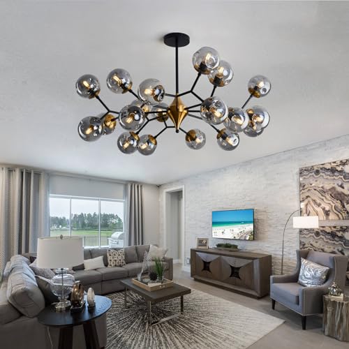 20 Light Extra Large Sputnik Chandelier Mid Century Modern Black and Gold Ceiling Light Fixture with Glass Globe Pendant Light Hanging for Dining Room Kitchen Living Room Foyer
