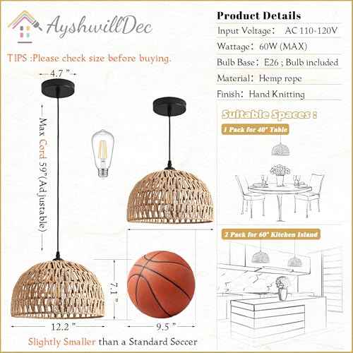 2 Pack Hemp Rope Woven Pendant Light Woven Light Fixture Boho Chandelier Light Fixture Wicker Pendant Lights Rattan Dome Wicker Chandelier for Dining Room Kitchen Island