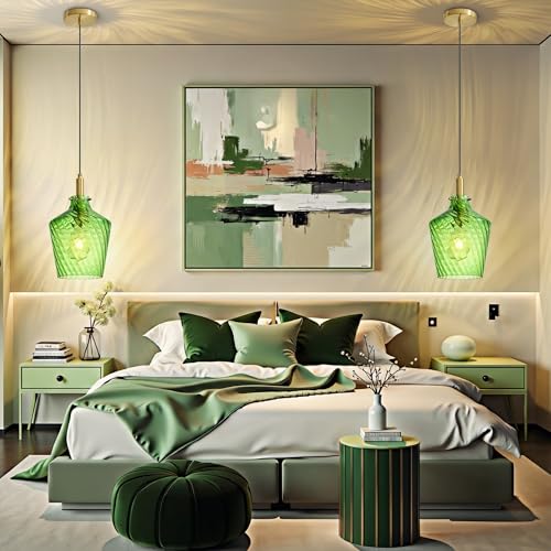 Stripes Green Glass Pendant Light for Kitchen Island Gold 8 Inch 1 Pack