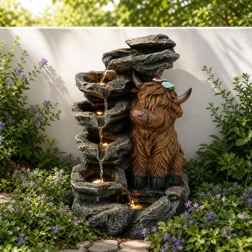 6 Tier Outdoor Water Fountain LED Waterfall with Highland Cow