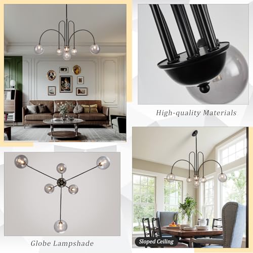 Modern 40" 6 Light Black Sputnik Chandelier with Smoke Glass Globe