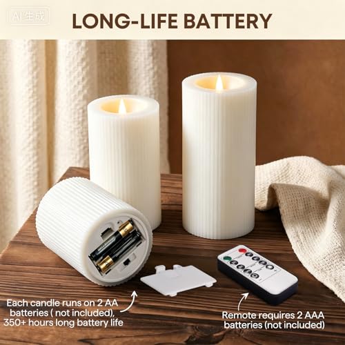 White Ribbed Moving Flame Flameless Pillar Candles with Remote (White)