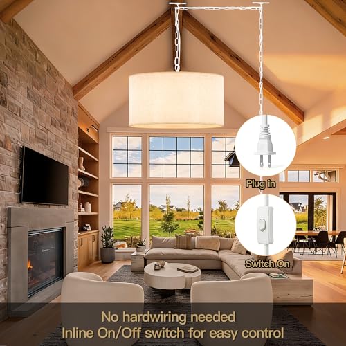 3 Light Plug in Pendant Light with Linen Drum Shade