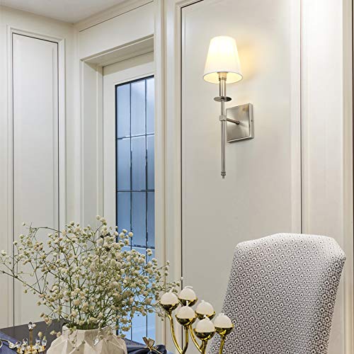 Set of 2 Classic Rustic Industrial Wall Sconce Lighting Fixture with Flared White Textile Lamp Shade and Brushed Tapered Column Stand (2 Count)