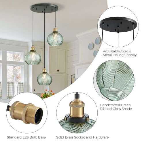 3 Light Vintage Green Striped Glass Cluster Pendant Light