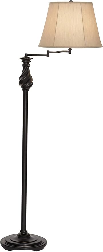 Regency Hill Traditional Adjustable Swing Arm Floor Lamp 58" Tall Painted Restoration Black Bronze Swirl Font Faux Silk Beige Drum Shade for Living Room Reading House Bedroom Family Home