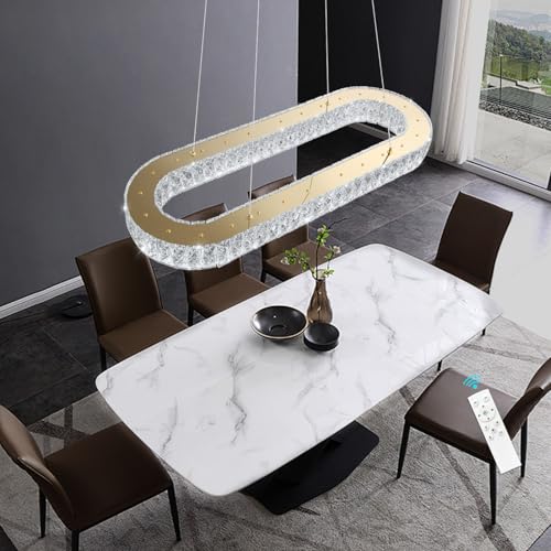 Modern Crystal LED Chandelier Dimmable Oval Chandeliers Rectangular Dining Room Light Fixture with Remote for Living Room Kitchen Island Gold