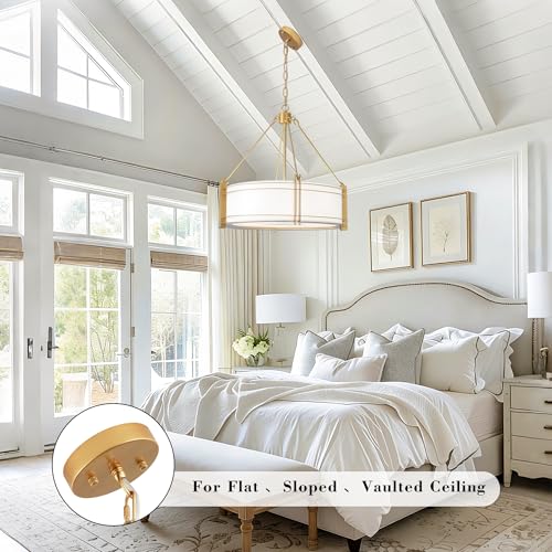 20.4'' Gold Drum Chandelier with White Linen Fabric Shade
