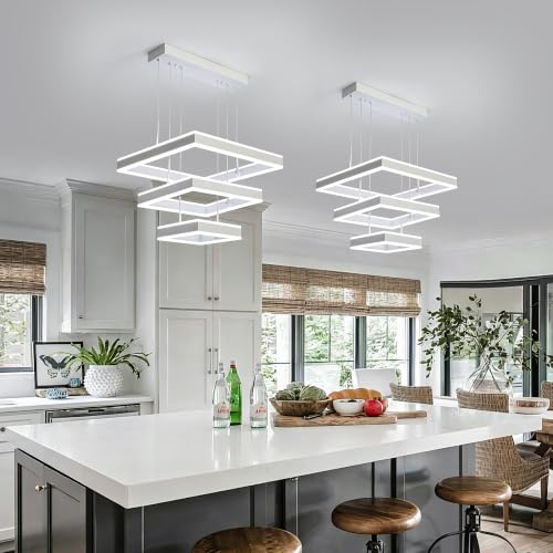 Modern LED Chandeliers White Square Rings Pendant Light Fixture with Hanging Cord Flush Mount Square Modern Chandeliers for Kitchen Island Dining Room