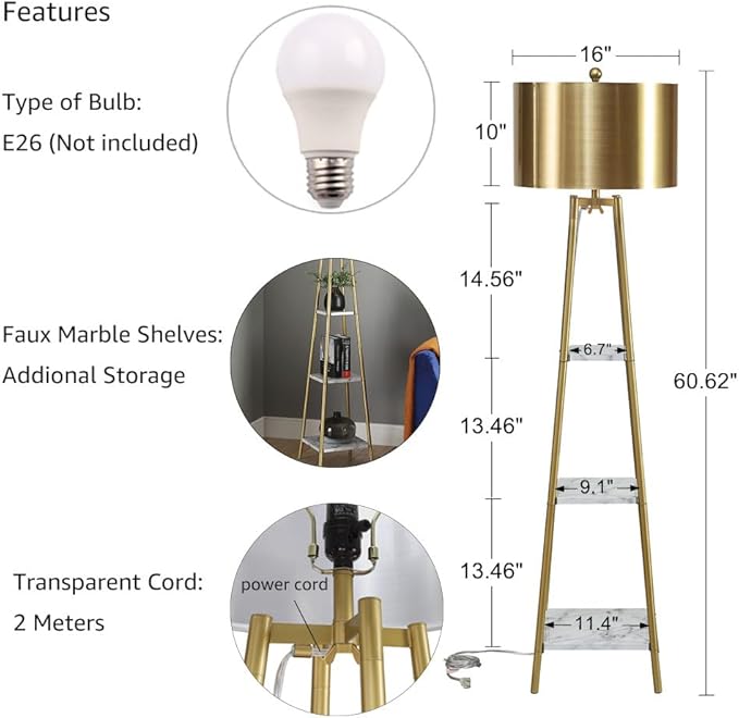 ROSEN GARDEN Floor Lamp, Standing Reading Light with Shelves and Gold Shade, Modern Tall Pole Lamp, Accent Furniture Décor Lighting for Living Room, Bedrooms