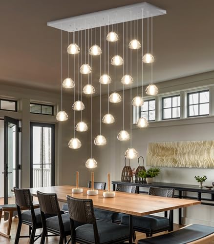 24 Lights Modern Rectangular Crystal Chandelier LED Raindrop Ceiling Pendant Light Crystal Lighting Fixture for Living Room Hotel Staircase Hallway Foyer Entryway Bedroom Silver