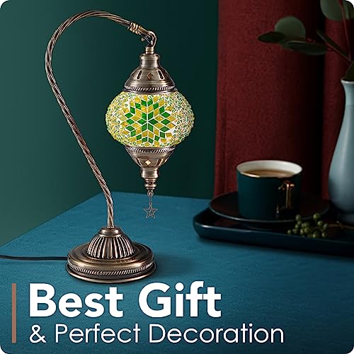 Turkish Moroccan Lamp with Bronze Base 3 Color Options Handmade Swan Neck Mosaic Glass Bedside Lamps for Bedroom