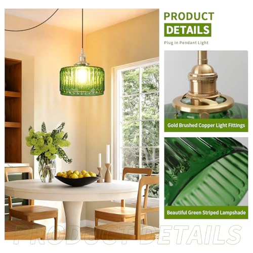 Plug in Pendant Light Green Glass Pendant Lamp Striped Glass Shade Vintage Plug in Ceiling Hanging Lamp 1