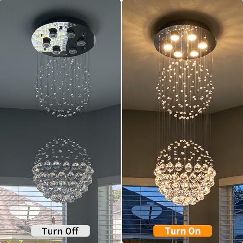 Crystal Modern Chandelier Contemporary 2 Balls Raindrop Crystal Chandelier Flush Mount Cylinder Chandelier Light Fixture Ceiling Lamp for Dining Room Living Room Kitchen Foyer Hallyway Bar
