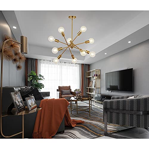 Modern 10 Light Sputnik Chandeliers Brushed Brass with Adjustable Arms Metal Kitchen Light Fixtures Gold Mid Century Pendant Lighting Vintage Industrial Ceiling Lights for Living Room