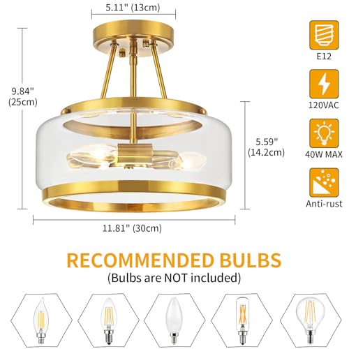 Gold Semi Flush Mount Ceiling Light Modern Glass Drum Ceiling Light Fixture