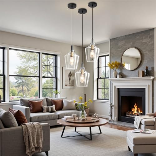 Glass Pendant Lighting for Kitchen Island 3 Pack Black Gold Clear 8 Inch (3 Count)