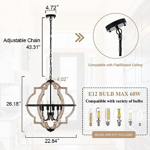 6 Light Farmhouse Chandelier for Dining Room Wood Pendant Lighting