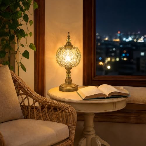 Vintage Amber Glass Table Lamps Brass Metal Desk Lamp Lampshade 8.3inch Table Light with Plug Switch for Bedroom Living Room Dressing Room