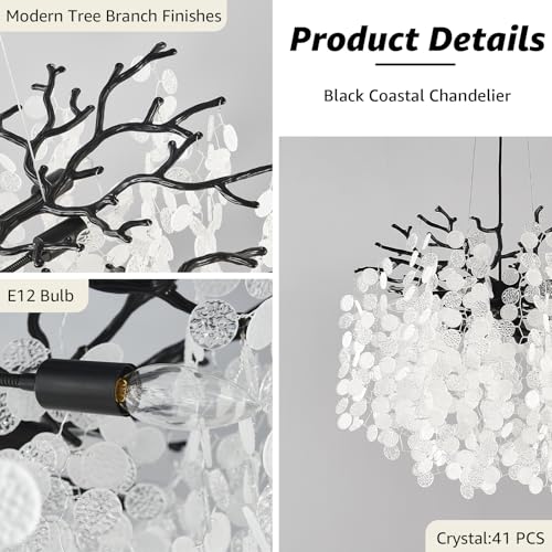 18" Capiz Shell Chandelier Black Crystal Tree Branch Chandelier