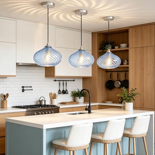 11in Brushed Nickel Pendant Lights Kitchen Island with Blue Glass Shade 1PC
