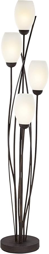 Franklin Iron Works Jareth Modern Tree Floor Lamp Standing with USB Charging Port 4-Light 73" Tall Ginger Black Metal White Glass Tulip for Cottage Core Living Room Reading House Bedroom Home Office