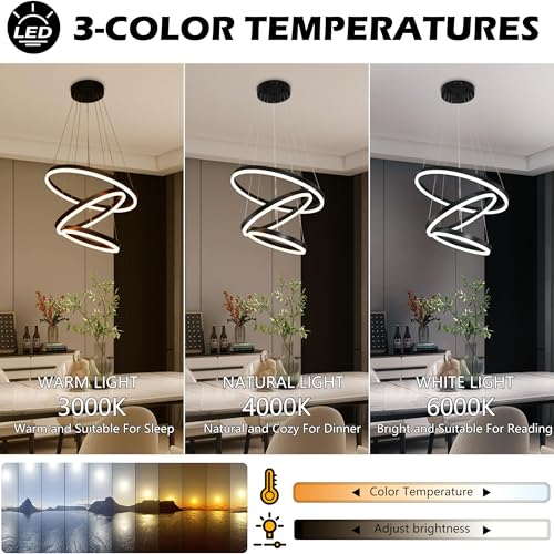 Modern Led Chandelier 3 Rings Black Pendant Lights Dimmable Chandeliers Color Temperature Height Adjustable Black Chandelier Led Pendant Light for Living Room Dining Room Bedroom Entryway