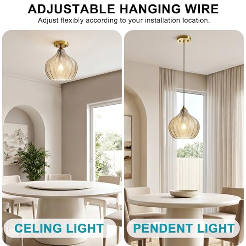 Amber Glass Pendant Lights Kitchen Island Gold Hanging Ceiling Light 9"