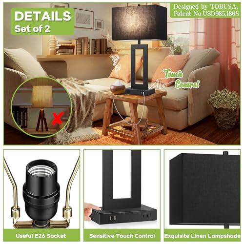 28" Black Modern Table Lamp Set of 2 with 2 USB Ports&AC Outlet (2 Count)