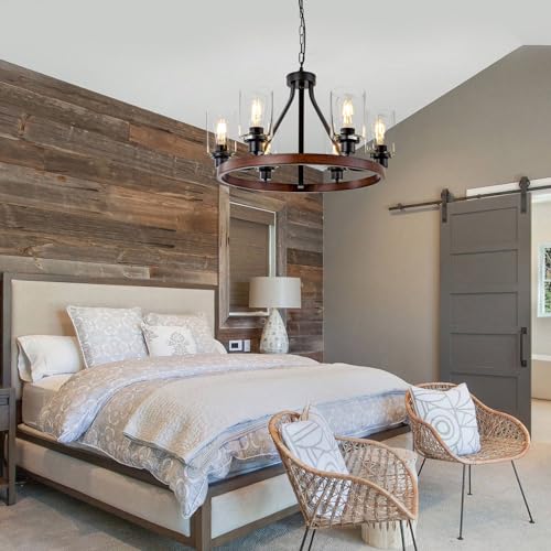 6 Light Farmhose Chandelier for Dining Room Light Fixture Faux Wood Kitchen Pendant Light Round Rustic Ceiling Hanging Lighting with Glass Globes Adjustable Height Metal E26